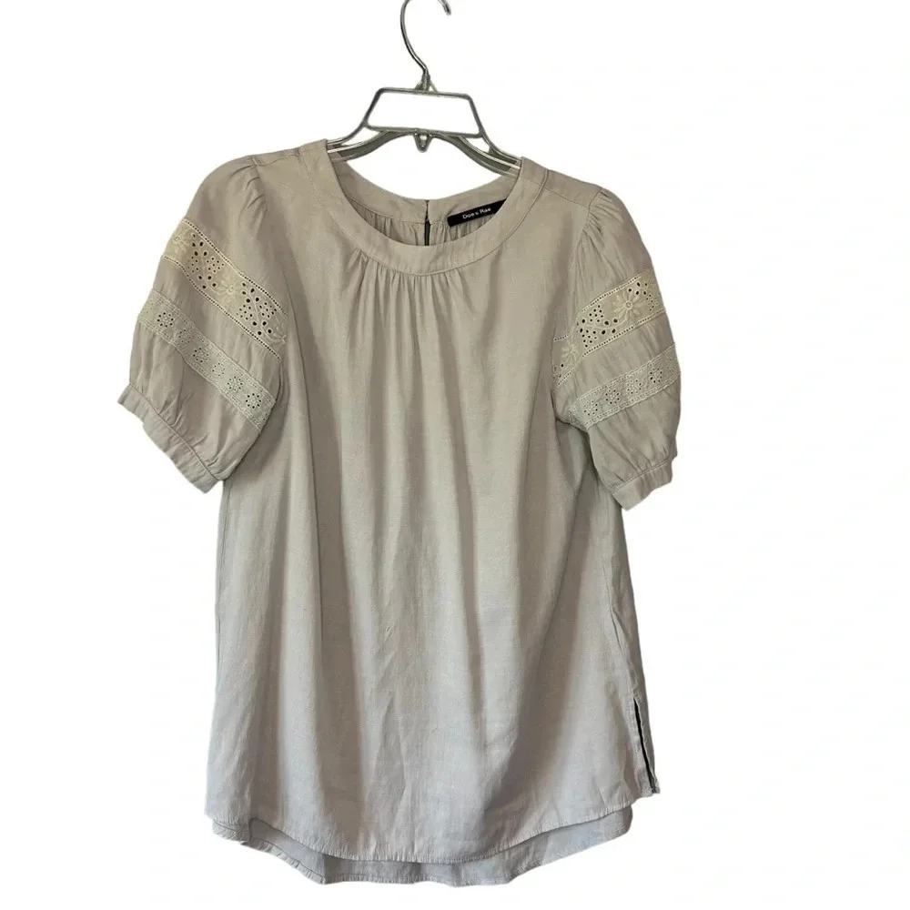 Doe & Rae shirt blouse short sleeves gray polyester embroidered small